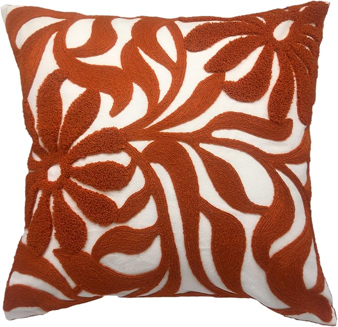 Alysheer Farmhouse Floral Leaves Embroidered Decorative Throw Pillow Cover 18x18 inches, Boho Tufted Flowers Embroidery Pattern Chic Cotton Cushion Case for Couch Bed Sofa Living Room(Burnt Orange)-Ruum Studio Home