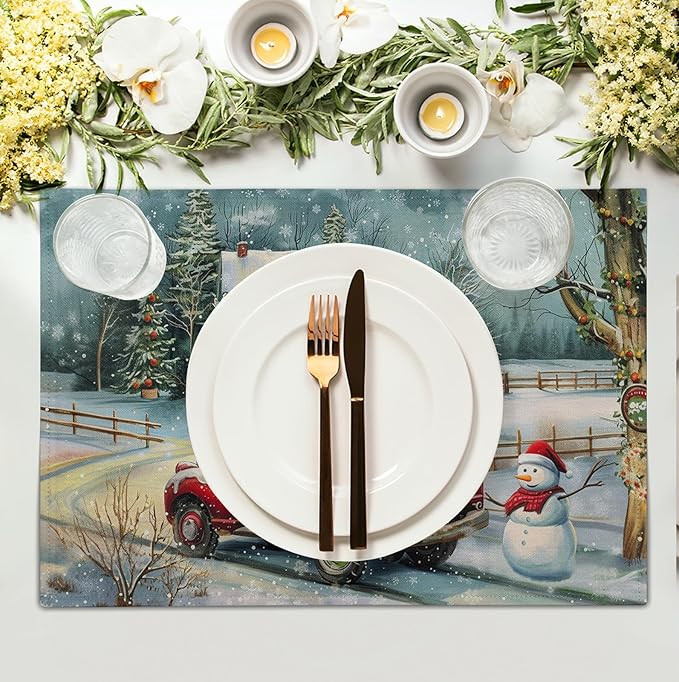 Red Truck Xmas Tree Snowman Christmas Placemats Set of 4 Winter Snowflake Vintage Farmhouse Rustic Place Mats 12x18 Inch Seasonal Christmas Holiday Washable Table Mats for Party Kitchen Dining Decor-Ruum Studio Home