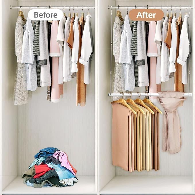 STORAGE MANIAC Hanging Closet Rod, Adjustable Width and Height Closet Hanging Organizer, Space-Saving Clothes Hanging Bar, Closet Extender Hanging Rod Double Closet Hanging Rod, 1 Pack Chrome-Ruum Studio Home