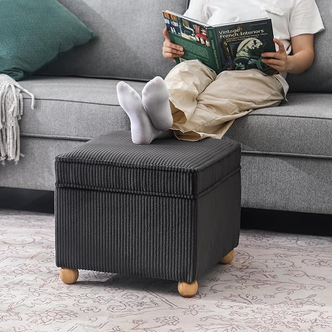 Adeco 17 Inch High Striped Flannel Black Cube Ottoman Storage, 3D Embossed Velvet Chair Foot Stools, Upholstered Vanity Stool with Hinged Lid, Solid Round Wood Legs-Ruum Studio Home