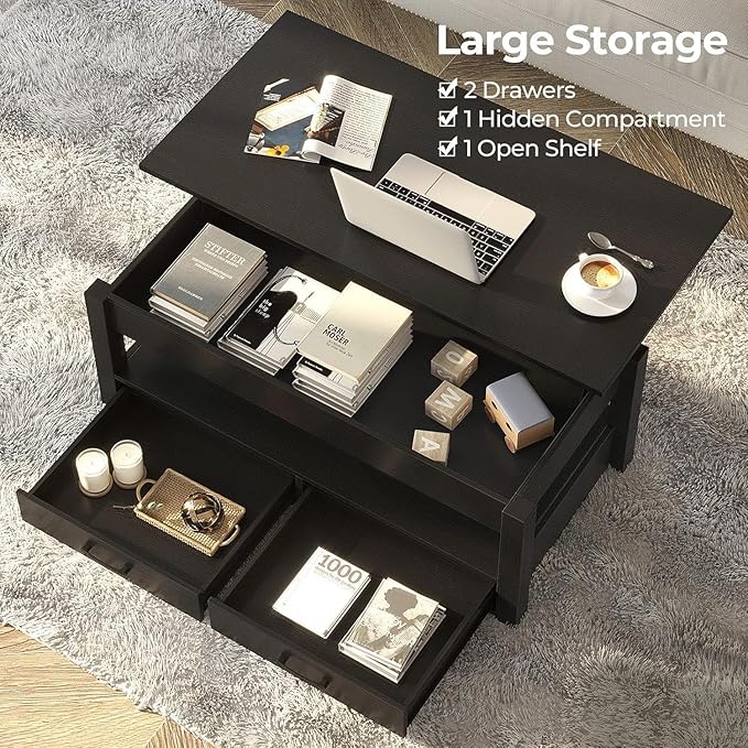 Rolanstar Coffee Table, 47.2" Lift Top Coffee Table with Drawers and Hidden Compartment, Retro Central Table with Wooden Lift Tabletop, for Living Room,Black-Ruum Studio Home