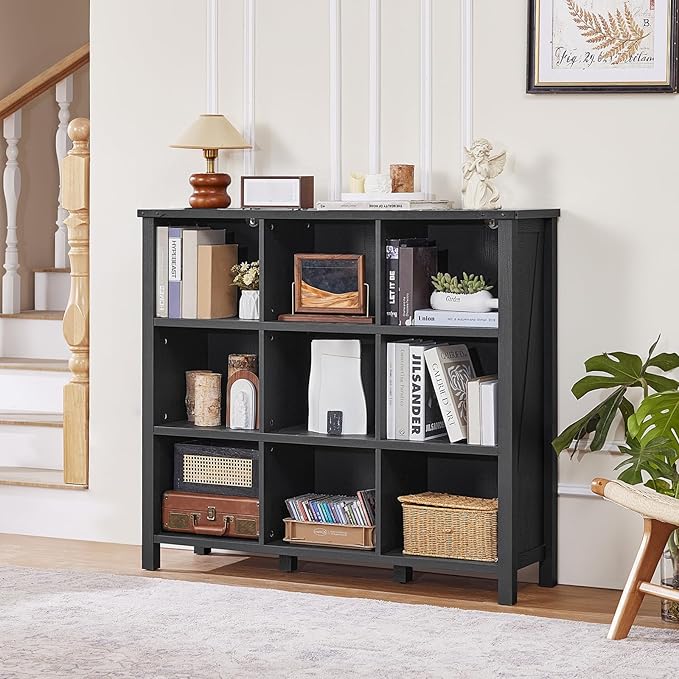 9 Cube Bookcase, Farmhouse 47 Inch Wide Black Bookshelf, Wooden 3 Tier Display Large Open Book Shelf, Vintage Horizontal Book Case for Home Office, Cubby Storage Cabinet for Living Room-Ruum Studio Home