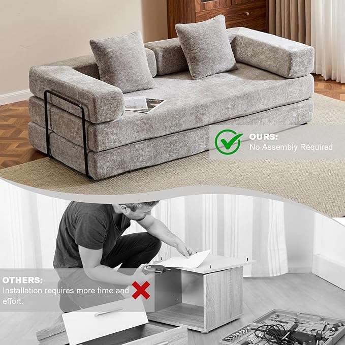 Convertible Sleeper Sofa Bed, Compression Folding Sofa with Pillow, No Assembly Required, Shape Frame, Floor Sofas Lounge Couchs for Living Room, Bedroom, Small Spaces(Chenille, 77''W, Light Grey)-Ruum Studio Home