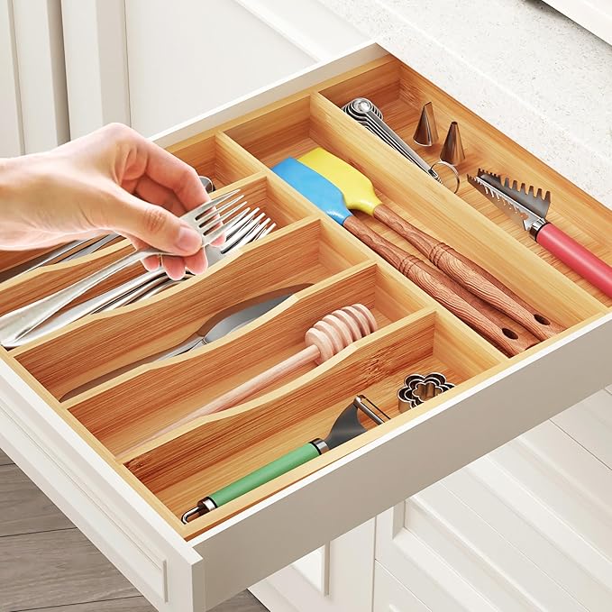 BAMEOS Bamboo Silverware Drawer Organizers, 11.9 inch Utensil Drawer Organizer for Kitchen Drawers, 7 Slots Total Large Flatware Organizer for Knives Cutlery Spoons Forks (Natural)-Ruum Studio Home