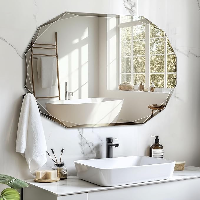 Bathroom Mirror for Wall, 30" x 40" Oval Mirror, Bathroom Vanity Mirror, Wall Mount Vanity Mirrors, Beveled Edge Frameless Wall Mirrors Decorative, Irregular Beveled Edge Mirror-Ruum Studio Home