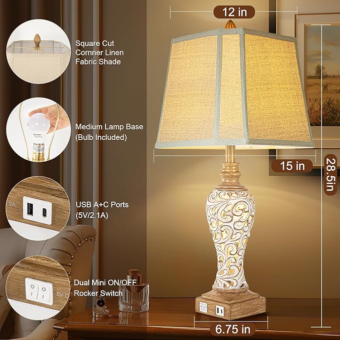 28.5" Rustic Table Lamp Set of 2 For Living Room Farmhouse Lamps for Bedroom, Bedside Lamps with Night Lights And USB C+A Charging Ports for Decor Office Study Hotel (Bulbs Included)-Ruum Studio Home