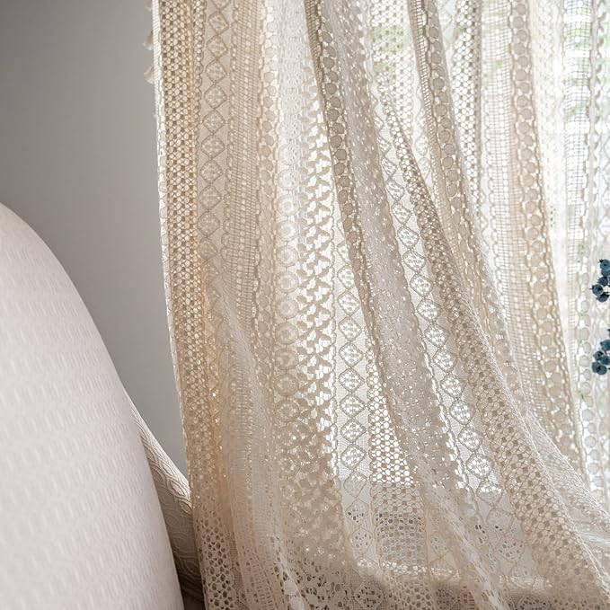 Sutuo Home Boho Curtains Crochet Lace Semi-Sheer Bohemian Hollow Knitted Handmade Tassels, Rod Pocket Window Treatment Vintage Rustic Farmhouse Drapes for Living Bedroom, 1 Panel 59" W x 84" L, Beige-Ruum Studio Home