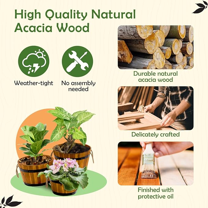 IDZO Set of 3 Wooden Flower Boxes Outdoor, Durable Acacia Wood Barrel Planters for Outdoor Plants with Ergonomic Handles, Drainage Holes, Multiple Sizes Wood Bucket Planter for Home Décor-Ruum Studio Home