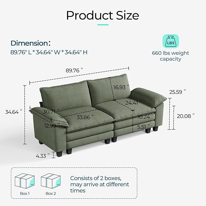 LINSY HOME Sectional Loveseat Sofa - 90'' Oversized Corduroy Cloud Couch Soft Modern Comfy Green Loveseat Couch Deep Seat Couches for Living Room Bedroom Apartment Office, Green-Ruum Studio Home