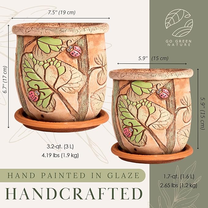 Ceramic Pot with Drainage Hole and Saucer, Plant Pots, Modern Decorative Planters for House Plants Indoor Flowers Plants, Cute Flower Pot - Gifts (Ladybugs (3 L))-Ruum Studio Home