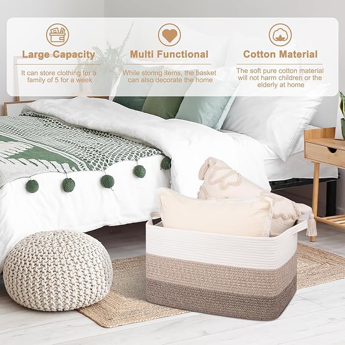 OIAHOMY Rectangle Woven Storage Basket - Nursery Cotton Rope Baskets for Storage, Toy Basket Organizing for Living Room, 17.7"x13.8"x11"- Pack of 3 - Gradient Yellow-Ruum Studio Home