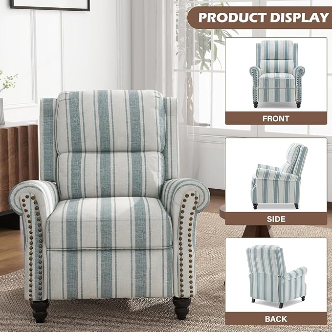 UIXE Pushback Recliner Chair, Fabric Armchair Push Back Accent Chair for Living Room, Rivet Trim Club Arm Chair Overstuffed Home Theater Single Sofa Bedroom Reading Seat with Footrest - Stripe Blue-Ruum Studio Home