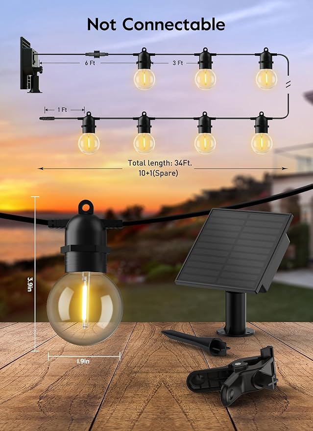 Brightown Outdoor Solar String Lights 34FT - LED G40 Pro Globe Patio Energy Saving with 11 Shatterproof Bulbs, 3 Light Modes Waterproof Hanging Lights for Christmas Outside Garden Backyard Party Decor-Ruum Studio Home