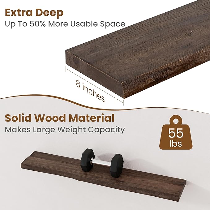Floating Shelves for Wall Decor, Rustic Solid Elm Wood Live Edge Floating Shelves Wall Mounted, Wall Shelves with Invisible Bracket for Living Room Bathroom Bedroom Kitchen, 40 Inch Set of 1, Walnut-Ruum Studio Home