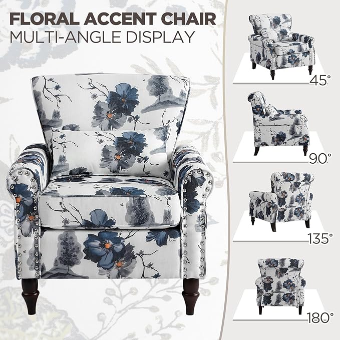 Wingback Accent Chair with Removable Pillow, High Back Floral Armchair with Solid Wood Legs & Nailhead Trim, Comfy Upholstered Reading Single Sofa Chair for Bedroom (2, Ink Blue Pattern)-Ruum Studio Home