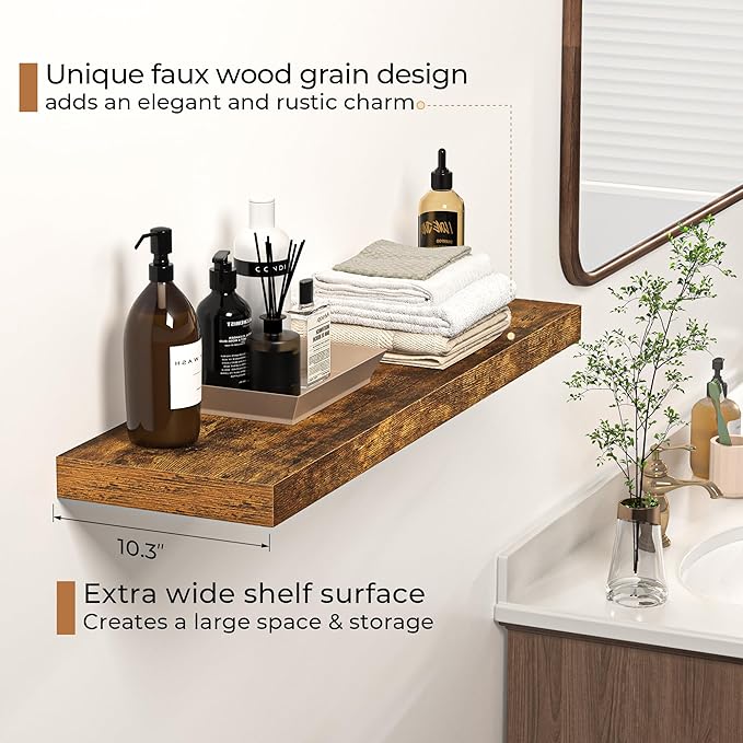 Floating Shelves - 10.3 Inch Deep Wall Shelf for Decor & Storage - Wall Mounted Display Shelving with Invisible Heavy-Duty Metal Bracket - 36" W x 10.3" D x 1.8" H - Set of 1 - Rustic Brown-Ruum Studio Home