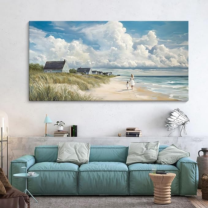 HGUAOA Coastal Canvas Wall Art - Large Landscape Wall Art for Living Room - Ocean and Beach Painting - Blue Artwork for Bedroom Decor - Above Bed Wall Pictures -Beach Theme Print Art-Ruum Studio Home