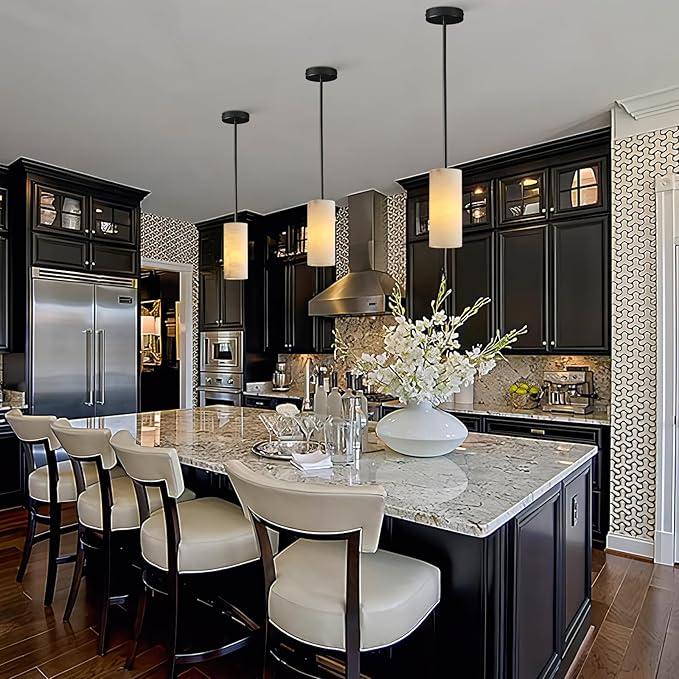Alabaster Pendant Light Kitchen Island, H-9.5in Black Pendant Light Fixtures with Natural Marble Shade, Adjustable Ceiling Pendant for Dining Room, Living Room, Bedroom & Bathroom-Ruum Studio Home