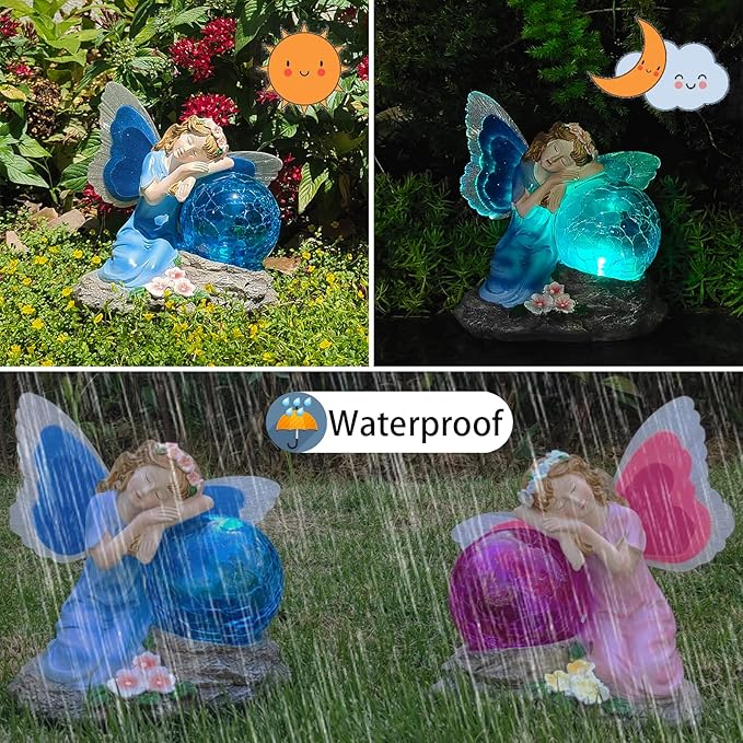 Fairy Garden Statue ，Solar Garden Decor ，Fairy Statue Outdoor with Glass Ball ，Waterproof Outdoor Decor，Suitable for Yard, Lawn ，Ideal for Holiday Giving（Blue）-Ruum Studio Home