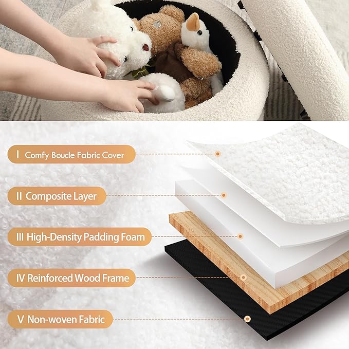 ONEVOG 20" Round Storage Ottoman with Removable Lid, Off-White Boucle Fabric Footrest Pouf, Sherpa Tufted Small Coffee Table Vanity Ottoman Foot Stools for Living Room Couch, Bedroom, Dorm, Nursery-Ruum Studio Home