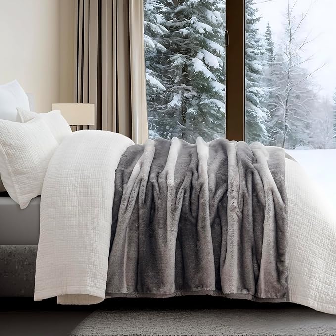 Ultra Soft Luxury Fluffy Mink Faux Fur Throw Blanket, Thick Warm Fall Winter Blankets for Bed, Couch, Cozy Plush Reversible Blanket for Chair, Sofa (Ombré Silver Onyx, 60"x80")-Ruum Studio Home