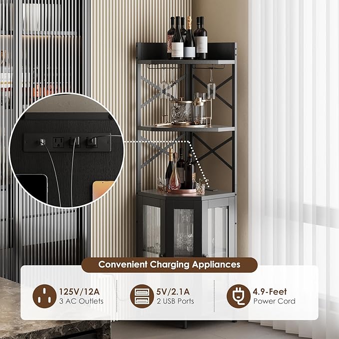 Corner Bar Cabinet with Power Outlet, 5-Tier Corner Wine Cabinet with Led Strip and Glass Holder, Industrial Tall Liquor Cabinet Bar Wine Rack for Home，Black-Ruum Studio Home