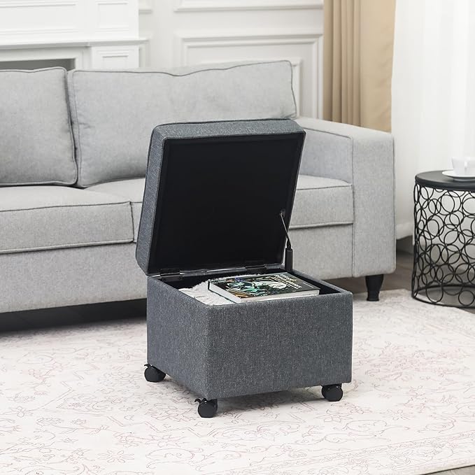 Adeco 17.5" Square Fabric Ottoman with Storage, Upholstered Cotton Linen Foot Rest, Flip Top Footstool, Small Cube Coffee Table Extra Seat for Living Room, Bedroom, Grey with Rolling Legs-Ruum Studio Home