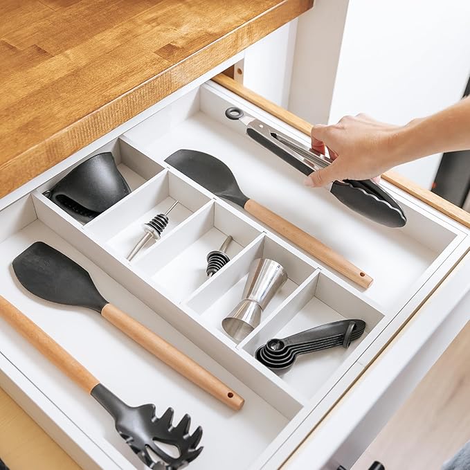 Adjustable Kitchen Drawer Organizer for Utensils and Junk, Food-Safe Contract Grade with 100% Sustainable Wood, Expandable from 19 to 33 Inches Wide - White Bamboo-Ruum Studio Home
