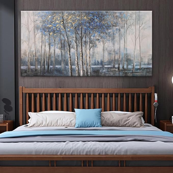 Canvas Wall Art Decor Pictures Wall Decor Prints Modern Wall Art Decor Large Gold Wall Art Blue Grey Misty Botanical Textured Artwork for Walls For Room Living Room Bedroom Office Wall Decor 29"X58"-Ruum Studio Home