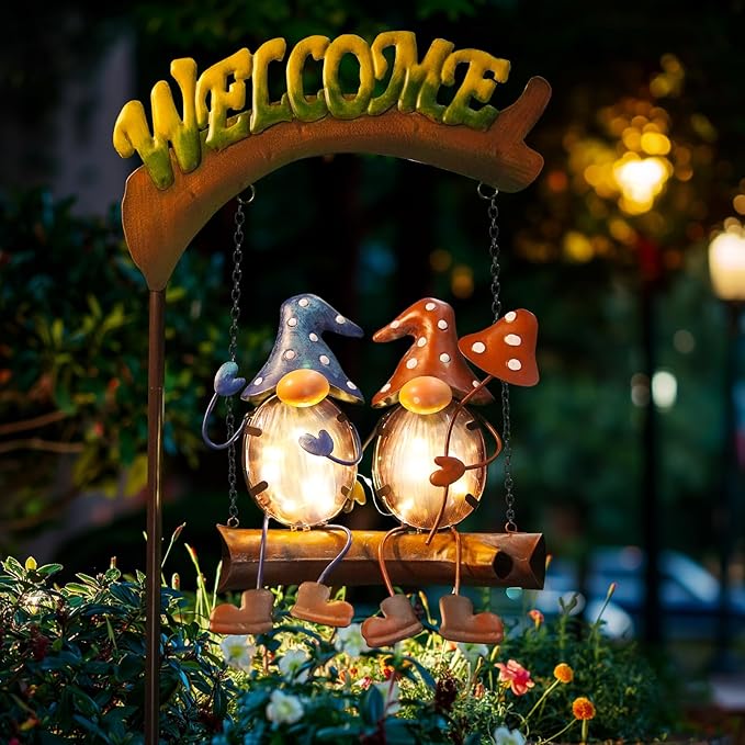 HONGLAND Gnome Garden Decor with Solar Lights, Funny Gnomes Swing Outdoor Decor, Gardening Gifts for Women Mom, Gnomes Yard Decorations with Welcome Sign for Lawn Porch Backyard Patio-Ruum Studio Home