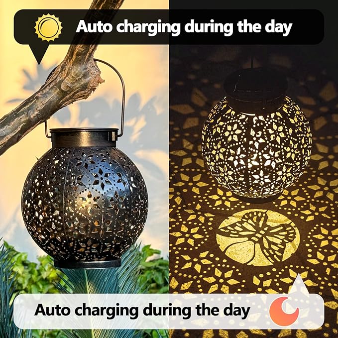 2 Pack Outdoor Solar Lantern Lights, Waterproof Tabletop LED Moroccan Lanterns, Hanging Metal Decorative Garden Lights for Patio, Lawn, Porch, Backyard-Ruum Studio Home