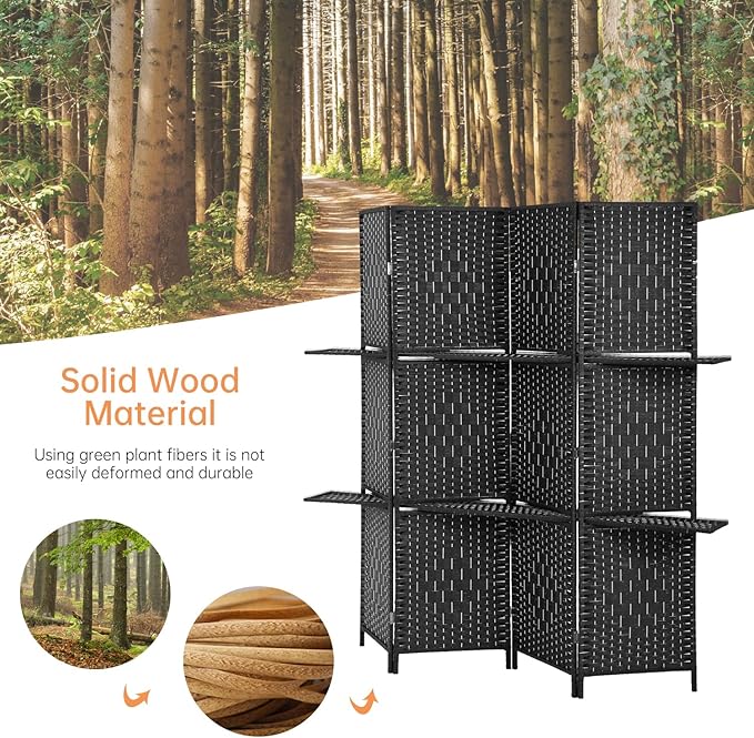 PayLessHere Room Divider Room Screen Divider Wooden Screen Folding Portable Partition Screen Wood with Removable Storage Shelves (Black, 4 Panel)-Ruum Studio Home