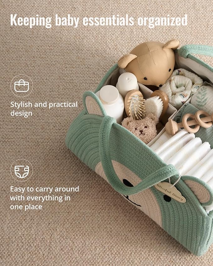 Blissful Diary Baby Diaper Caddy Organizer, Cotton Rope Diaper Caddy Basket, Large Storage Basket, Gift for Baby Shower, Newborn Essentials, Bear Roman Green-Ruum Studio Home