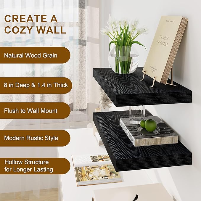 Fun Memories Black Floating Shelves 16 Inch Long, 8 Deep Floating Shelf Wall Mounted, 16 x 8 Inch Wooden Bathroom Shelves, Deep Storage Shelves for Living Room, Kitchen, Set of 2-Ruum Studio Home