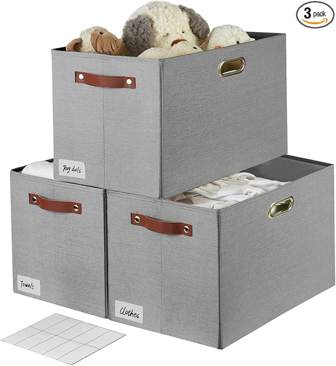 3-Pack Foldable Fabric Storage Bins with Durable PU & Metal Handles, Collapsible Storage Baskets for Shelves, Home Storage, Closet Organizers, Living Room(17"x11.8"x11.8", Grey)-Ruum Studio Home