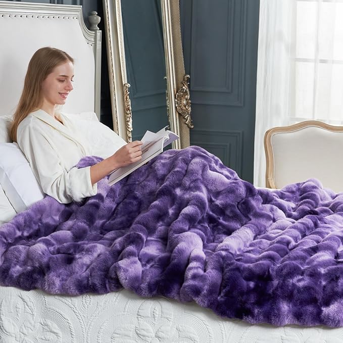 Cozy Bliss Faux Fur Throw Blanket for Couch, Fuzzy Soft Plush Thick Bubble Blanket for Sofa Bedroom Living Room, 50 * 60 Inches Tie-dye Purple-Ruum Studio Home