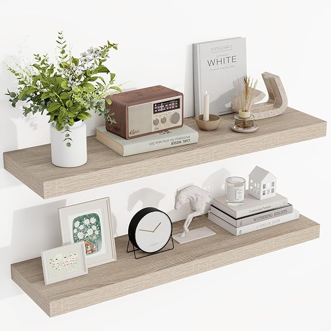 36 Inch Floating Shelves, 3D Textured Wood Grain, 36"x9.25"x1.5" Inch Deep Floating Shelves for Wall, Wooden Shelves for Bathroom, Bedroom, Living Room, Vintage White Oak-Ruum Studio Home