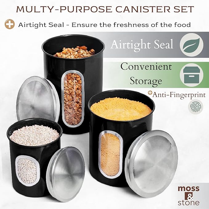 Moss & Stone 3-Piece Black Canisters Sets For The Kitchen, Airtight Canister Set With See Through Window, Storage Jars for Coffee Container, Tea Organizer & Sugar Canister, Black Kitchen Canisters-Ruum Studio Home