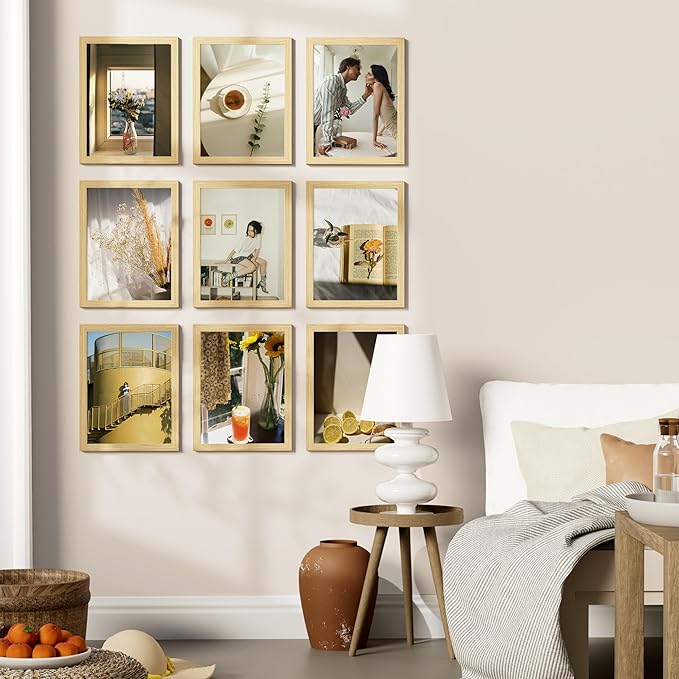 Vittanly 9x12 Picture Frames Set of 9, Shatter Resistant Plexiglass, Display 6x8 Pictures with Mat or 9x12 without Mat, Photo Frames for Wall or Tabletop, Engineered Wood, OAK-Ruum Studio Home