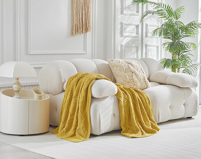 Longhui bedding Chunky Cotton Knit Throw Blanket for Couch, Sofa, Bed, or Chair, Decorative Breathable Fall Cable Knit Blanket 60 x 80 Inches, Large Mustard Yellow-Ruum Studio Home