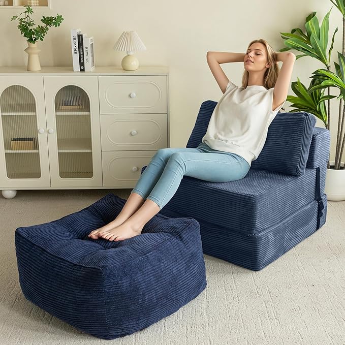 HIGOGOGO Square Stuffed Pouf Ottoman, Corduroy Poufs with Foam Chunk Filling, Furry and Fluffy Pouf Foot Stool Storage Ottoman, 25.6 X 25.6 Floor Poufs Foot Rest for Living Room, Navy-Ruum Studio Home