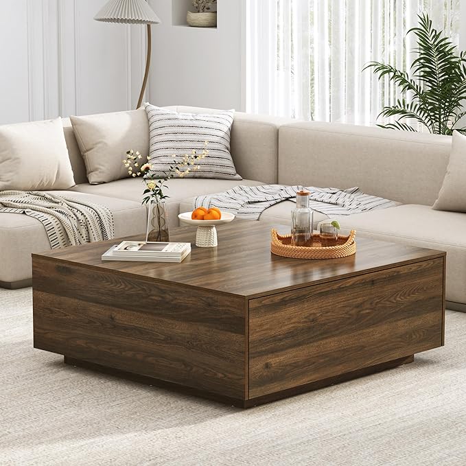 43” Square Coffee Table with Storage, Modern Large Square Center Table with 2 Drawers, Wood Coffee Table for Living Room, Walnut-Ruum Studio Home