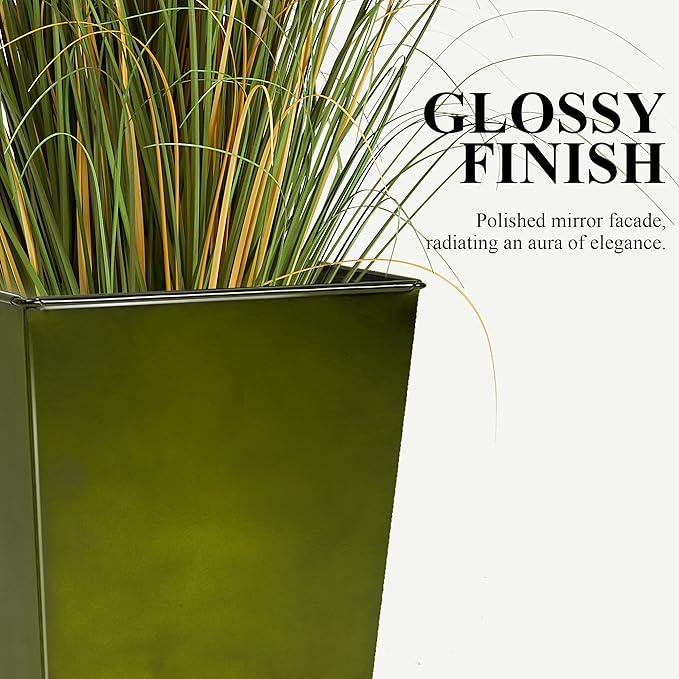 WORTH Garden Large Metal Glazed Planter Set of 2 (25" + 28"), Luxurious Glossy Finish Green Tall Square Tapered Steel Plant Pot, Decor Flower Pot Indoor & Outdoor, Drainage Hole & Dual-Purpose Saucer-Ruum Studio Home