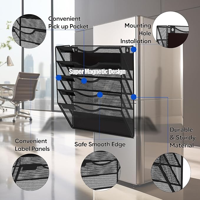5-Tier Magnetic File Holder, No Drilling Installation File Cabinet Organizer, Black Magnetic File Organizer, Magazine Rack, Magnetic Paper Holder for Refrigerator, File Cabinets, Whiteboard-Ruum Studio Home