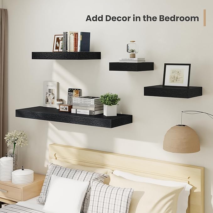 Heimlove 12 Inch Deep Floating Shelves, 16 x 12 inches Long Wall Shelf, Large Extra Display Shelf & Storage Shelf, Rustic Wood Wall Shelves for Fireplace Mantel, Black - 2Pack-Ruum Studio Home