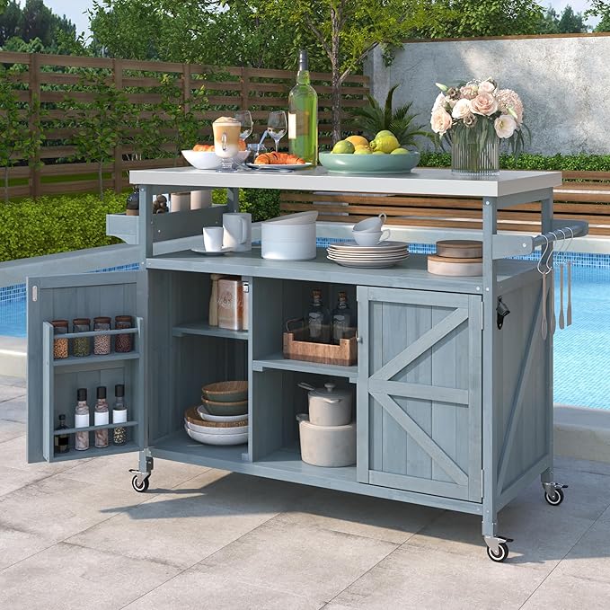 Outdoor Kitchen Island, Rolling Bar Cart & Storage Cabinet, Farmhouse Solid Wood Outdoor Grill Table with Stainless Steel Top, Spice Rack, Towel Rack for Kitchen & BBQ, Grey Blue-Ruum Studio Home