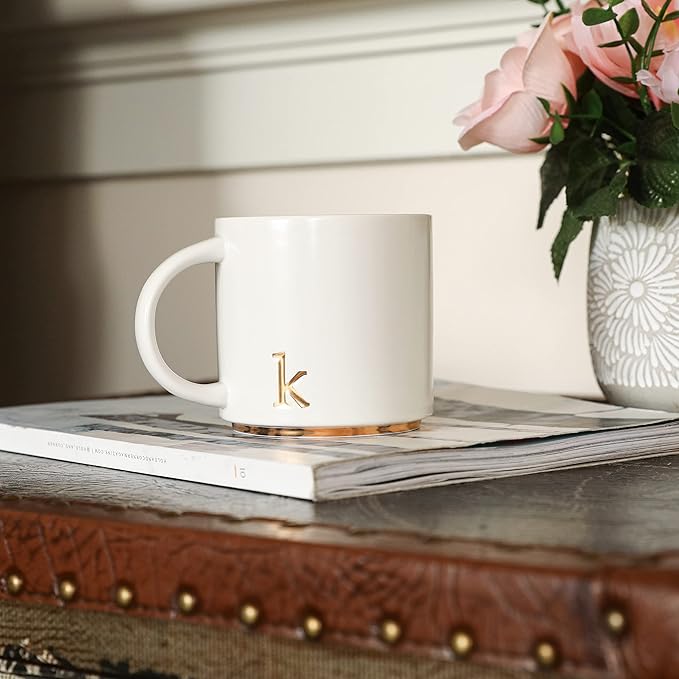 COLLECTIVE HOME - Monogram Ceramic Mugs, 15 oz Golden Initial Coffee Cups, Elegant Alphabet Tea Mugs, Elegant Personalized Mug with Gift Box, Luxurious Cups for Office and Home (k)-Ruum Studio Home