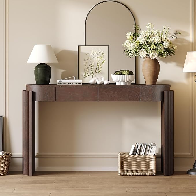 55" Sofa Table with Oval Top and 2 Drawers, Entryway Console Table with Fluted Design for Hallway,Foyer,Entry and Living Room (Fully Assembled-Espresso)-Ruum Studio Home