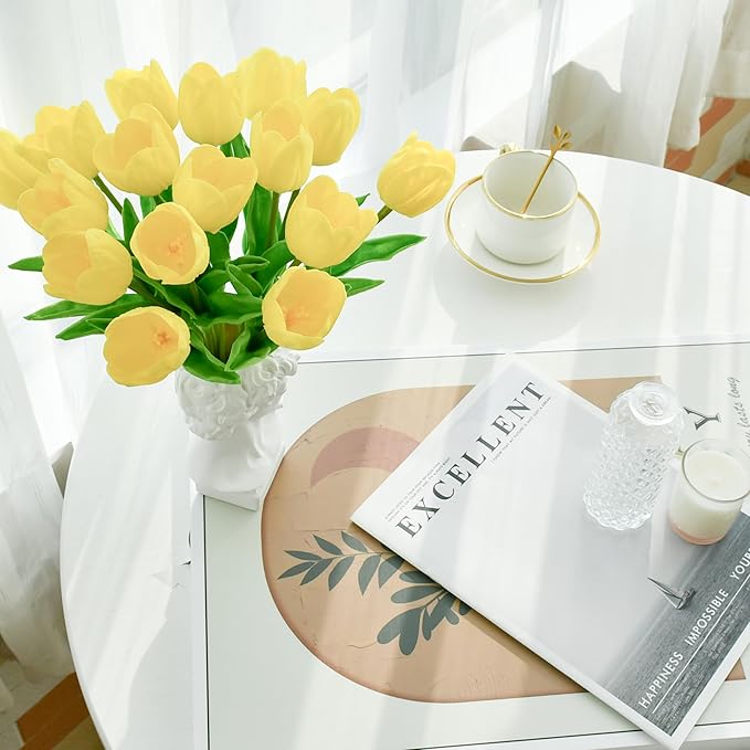 Mandy's Artificial Tulips 12 Stems Yellow Partially Open PU Faux Flowers for Wedding Home Decor 13.5 Inch-Ruum Studio Home