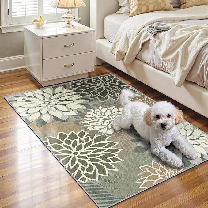 Area Rug 2x3 Brown White Washable Entry Small Rug Multicolored Tropical Botanical Modern Floral Indoor Kitchen Door Mat Entrance Carpet Non Slip for Bedroom Living Room, Porch-Ruum Studio Home